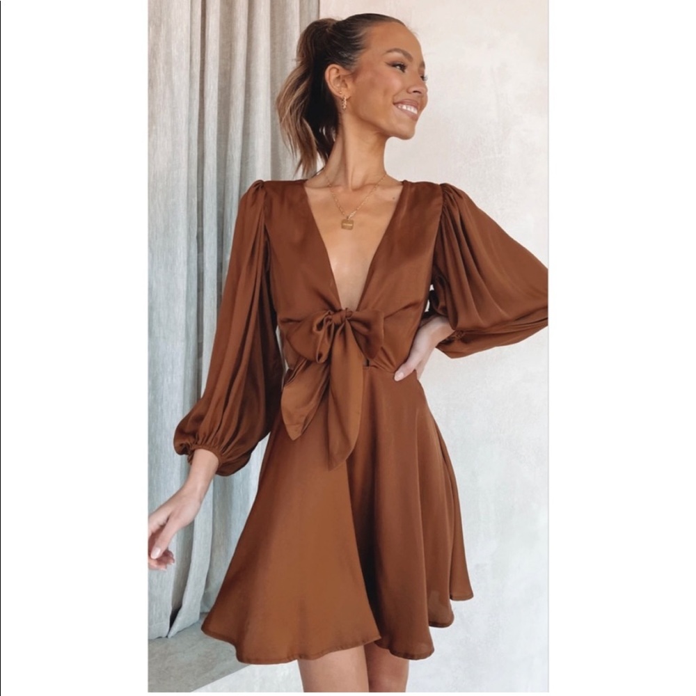 New Saints + Secrets Chocolate Satin
Mini Dress
